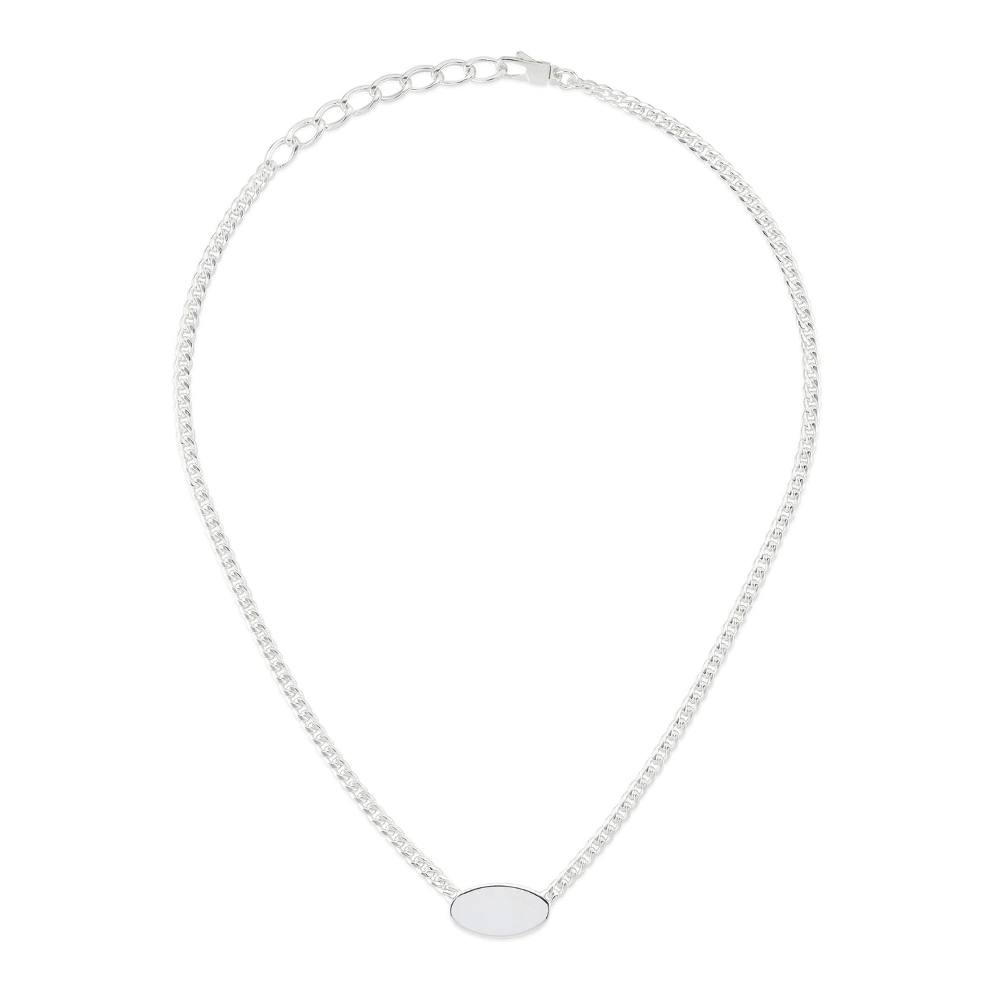 The Gucci Trademark Sterling Silver Tag Necklace Pendant by GUCCI Fine Jewellery features a sterling silver chain, an oval pendant, and an adjustable clasp for varied lengths. Its simple and elegant design includes a subtle trademark logo.