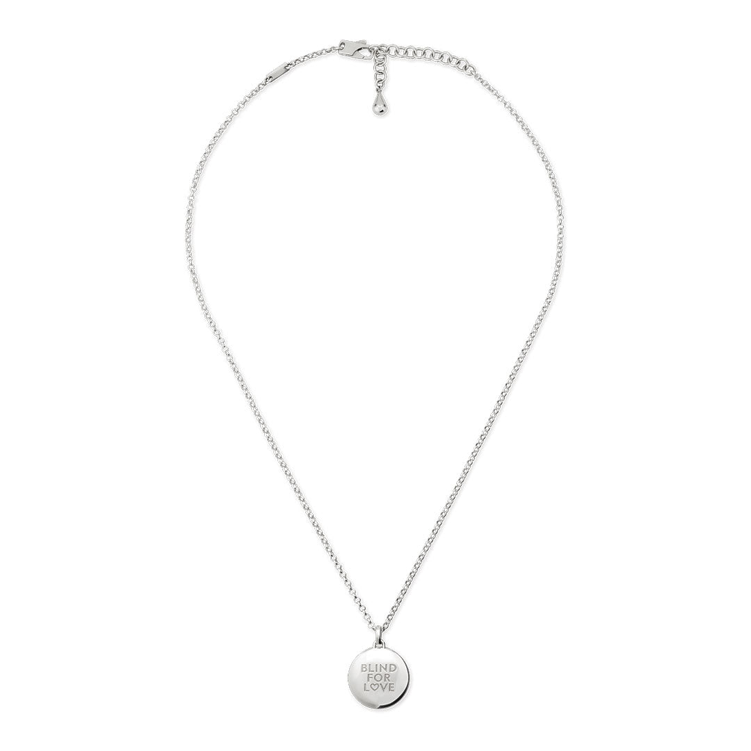 The GUCCI Fine Jewellery Blind For Love Sterling Silver Necklace Pendant is shown with its round, engraved pendant against a plain white background.