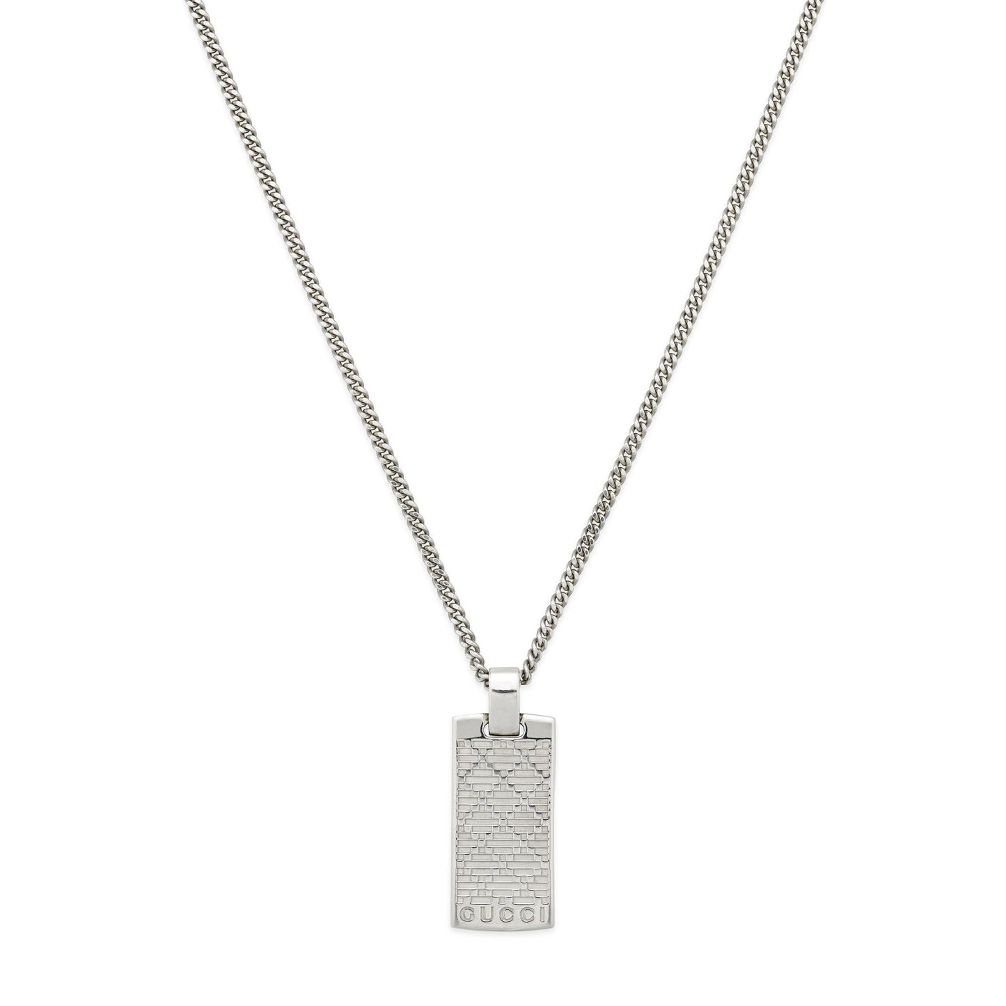 The GUCCI Fine Jewellery Diamante Sterling Silver Tag Chain Necklace features a rectangular pendant with a grid design and logo, plus a curb link chain for modern elegance in women's jewelry.