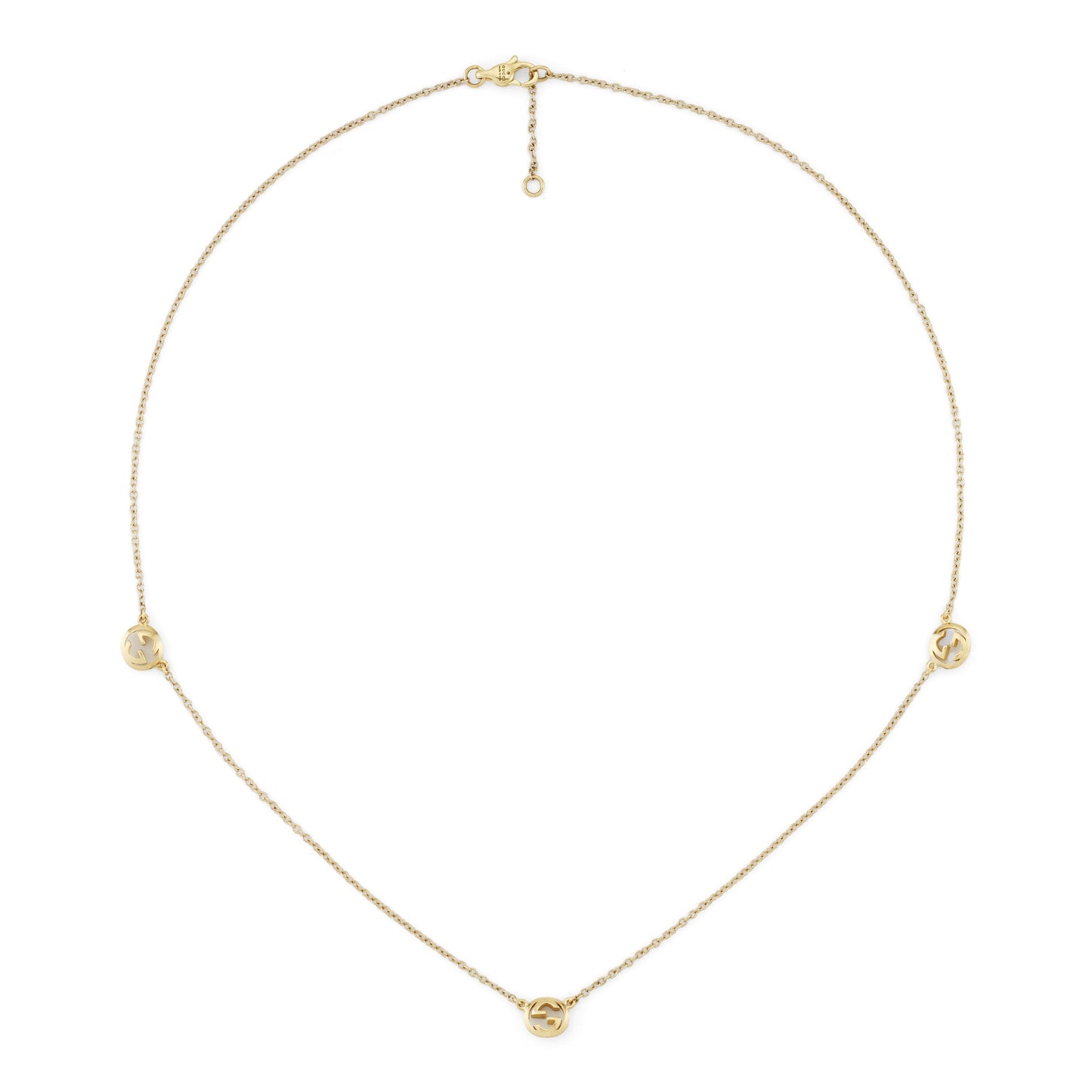 The Gucci Interlocking 18K Yellow Gold Necklace Pendant by GUCCI Fine Jewellery features three round cut-out charms on a delicate chain with an adjustable clasp.