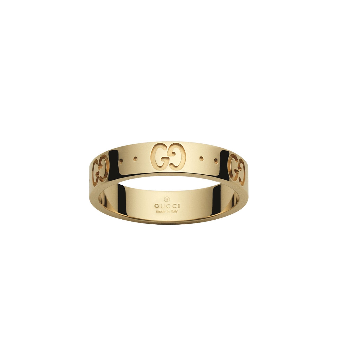 The Gucci Icon Thin Band 18K Yellow Gold Ring from GUCCI Fine Jewellery showcases the iconic GG motif stamped across its surface. The interior is engraved with the brand name and "Made in Italy," offering a sleek and simple design that highlights luxurious branding.