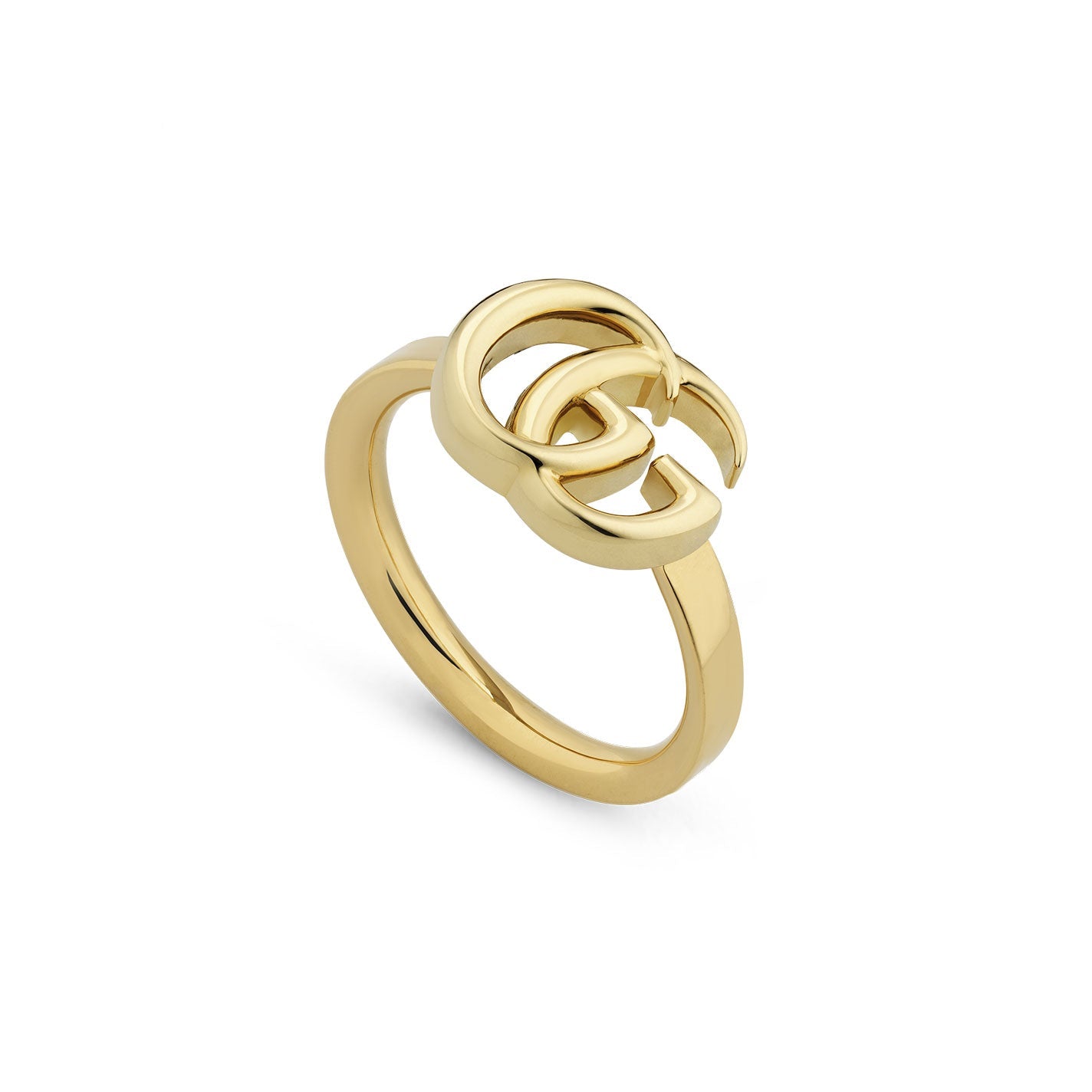 The GUCCI Fine Jewellery's Gucci Running G 18K Yellow Gold Ring features an interlocking double "G" logo against a plain white background. Crafted in Italy, this ring embodies elegance and style.