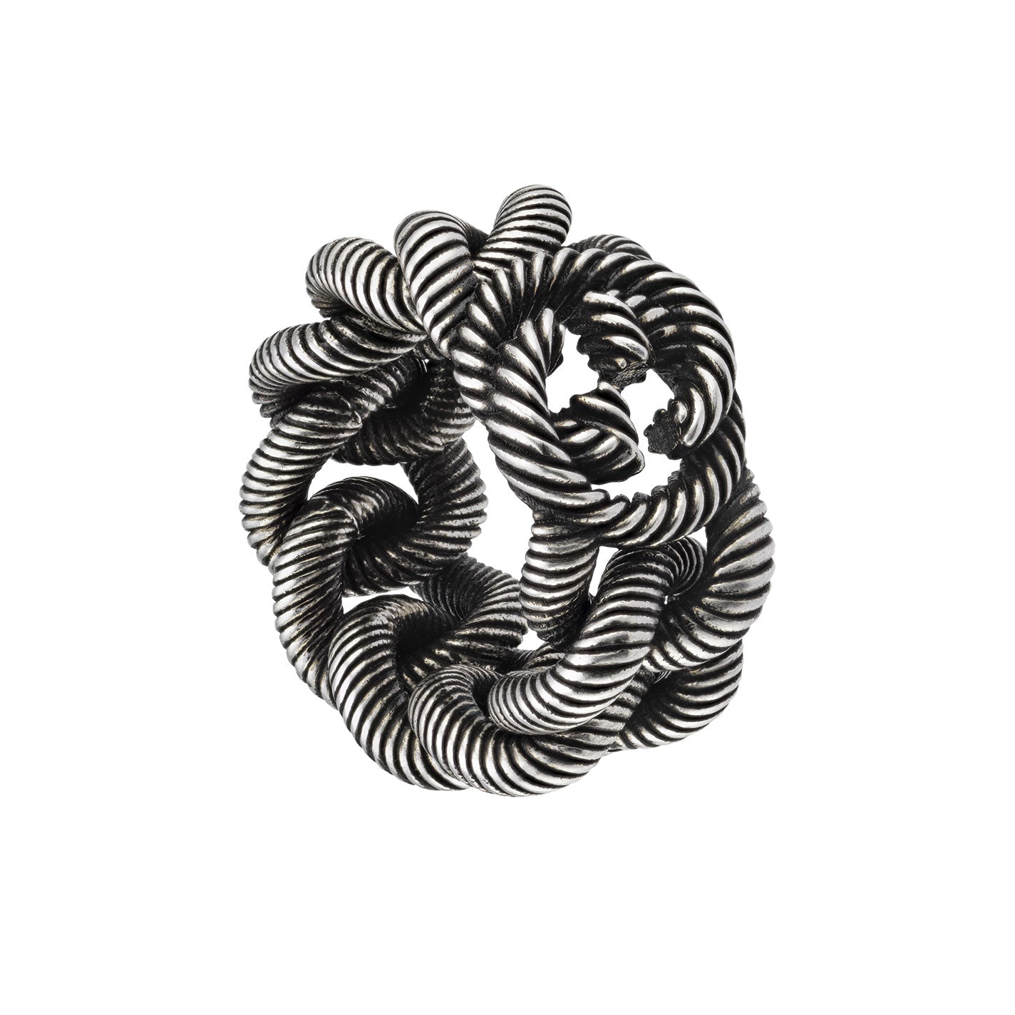 The Gucci Interlocking G Sterling Silver Ring from GUCCI Fine Jewellery showcases a sophisticated, twisted rope design that forms an intertwined pattern echoing Gucci's distinctive aesthetic. Its textured surface with interlocking G motifs stands out against a plain white background, emphasizing the artistry involved in its creation.
