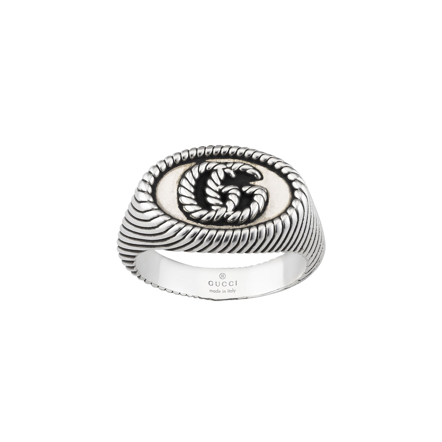 The Gucci Double G Chevalier Aged Sterling Silver Ring from GUCCI Fine Jewellery highlights intricate rope-like detailing and features a prominent double G emblem on the front, beautifully encapsulating Italian elegance and craftsmanship.