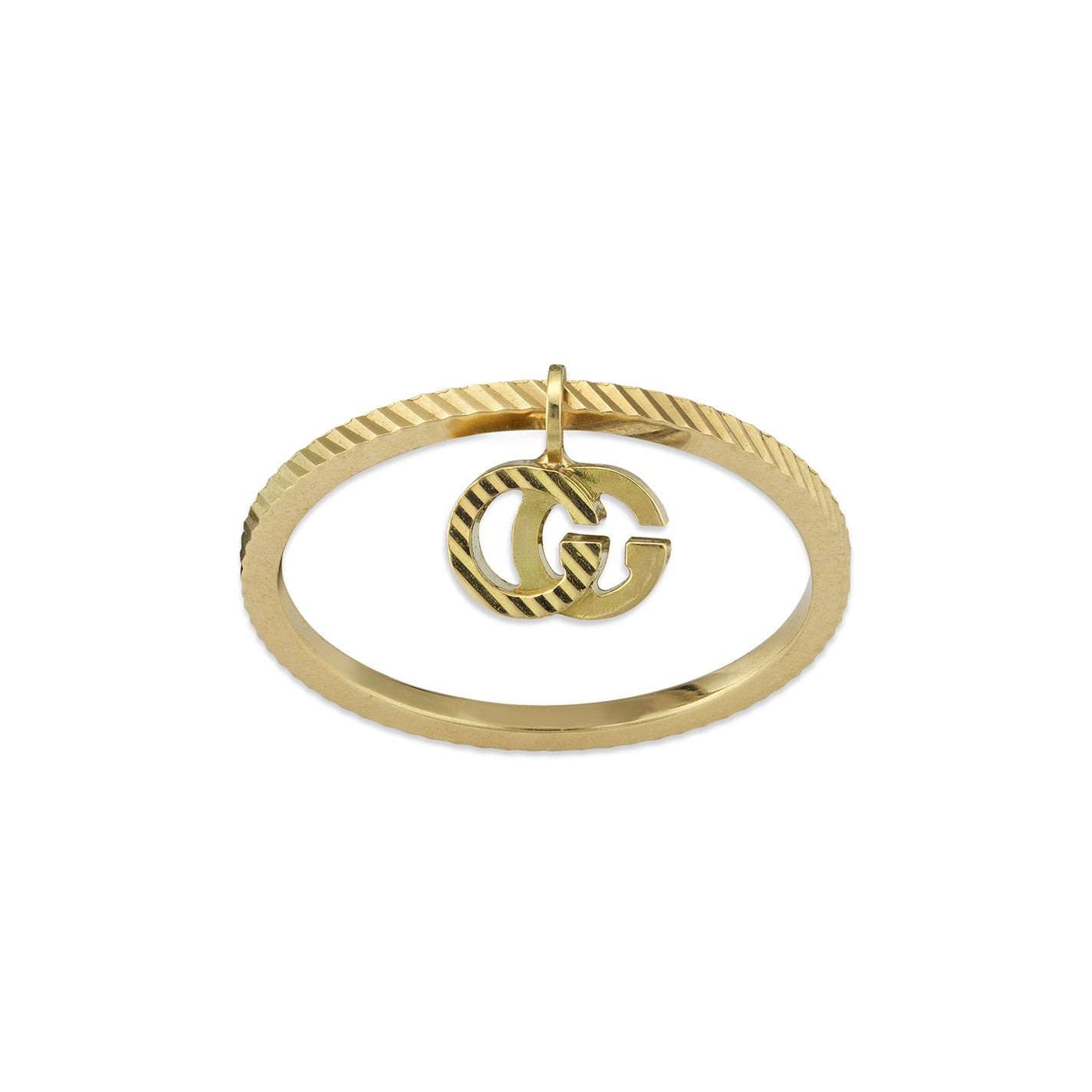 Introducing the Gucci Running G 18K White Gold Ring by GUCCI Fine Jewellery, featuring a textured band and a pendant with two interlocking "G" letters for a minimalist and elegant design.