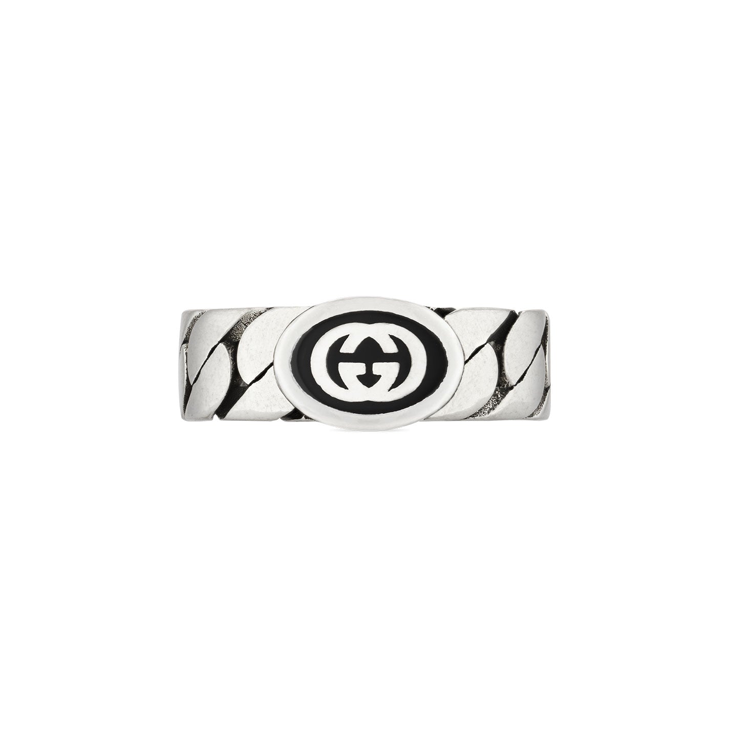 The Gucci Interlocking G Wide Sterling Silver Ring from GUCCI Fine Jewellery is a silver piece crafted from 925 sterling silver, featuring a woven band and a central oval emblem with enameled black Interlocking Gs.