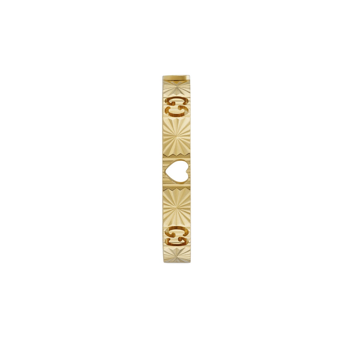 An 18k yellow gold bangle bracelet showcases etched sunburst patterns with decorative heart and double-C motifs, reminiscent of the luxurious appearance of a Gucci Icon Heart diamond ring from GUCCI Fine Jewellery.