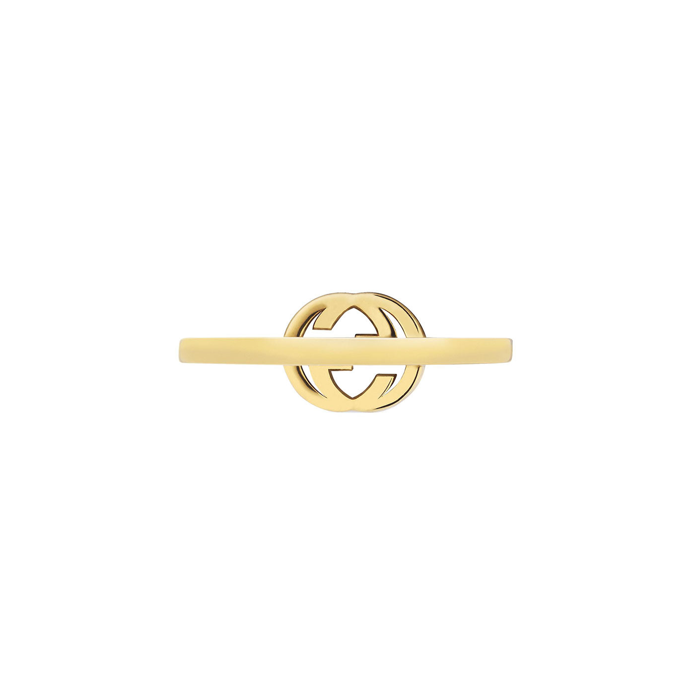 A Gucci Interlocking G ring made from 18K yellow gold, with an intricate circular design that features diamonds at its center.