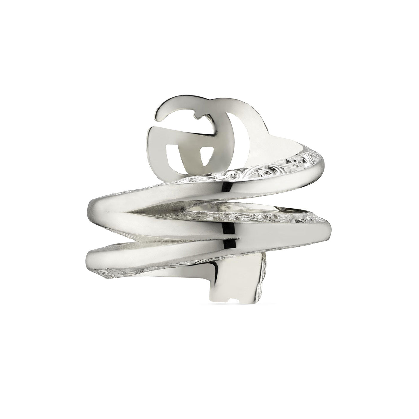 Introducing the Gucci GG Marmont Sterling Silver Key Double Band Ring from GUCCI Fine Jewellery: a spiral-shaped sterling silver ring with an open design, intricately engraved patterns on alternating sections. Its polished metallic surface exudes a modern and artistic flair.