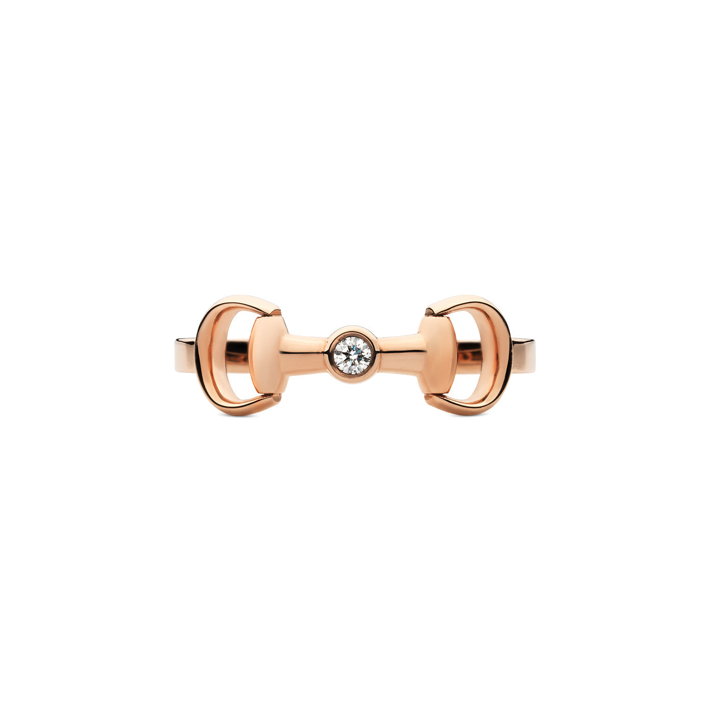 The Gucci Horsebit 18K Rose Gold Diamond Ring by GUCCI Fine Jewellery features a sleek design crafted in rose gold, with a single diamond at its center. Its minimalist and elegant appeal makes it ideal for fans of horsebit jewelry.