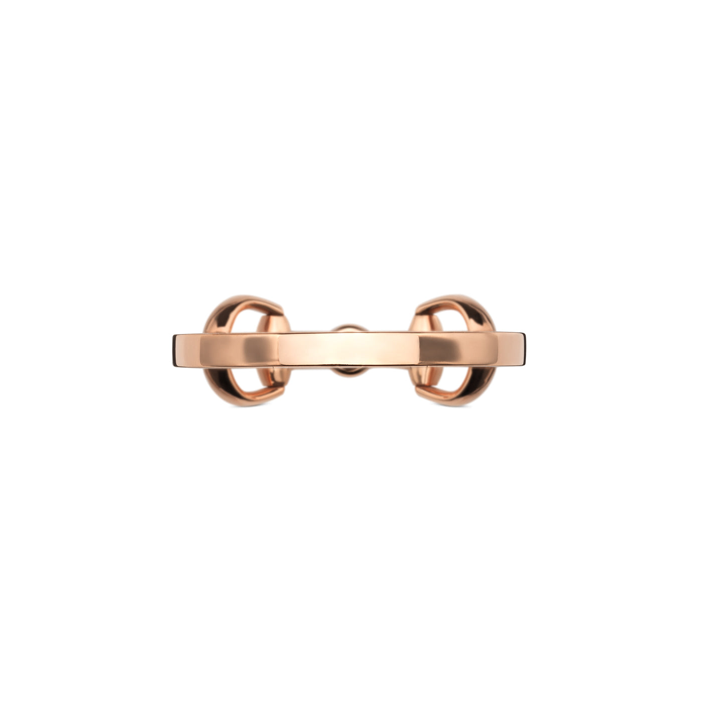 A Gucci Horsebit 18K rose gold diamond ring, boasting a sleek, modern design, glistens against a white background.