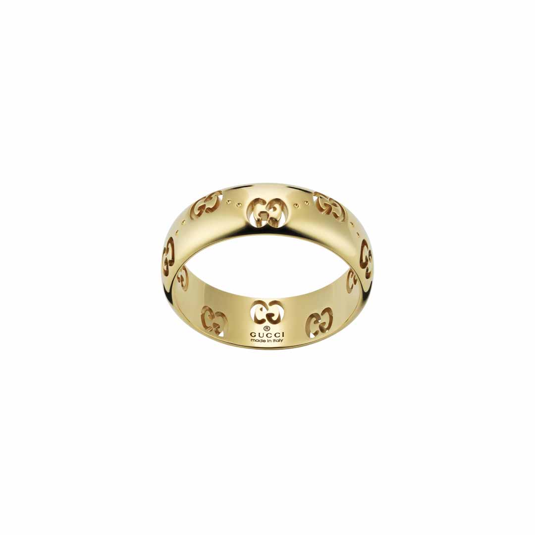 The Gucci Icon GG 18K Yellow Gold GG Thin Ring from GUCCI Fine Jewellery showcases a sleek design with the GG cut-out motif engraved multiple times around the band. Inside, it features the iconic Gucci logo and brand name. This polished piece is proudly certified by the Responsible Jewelry Council for quality and ethics.