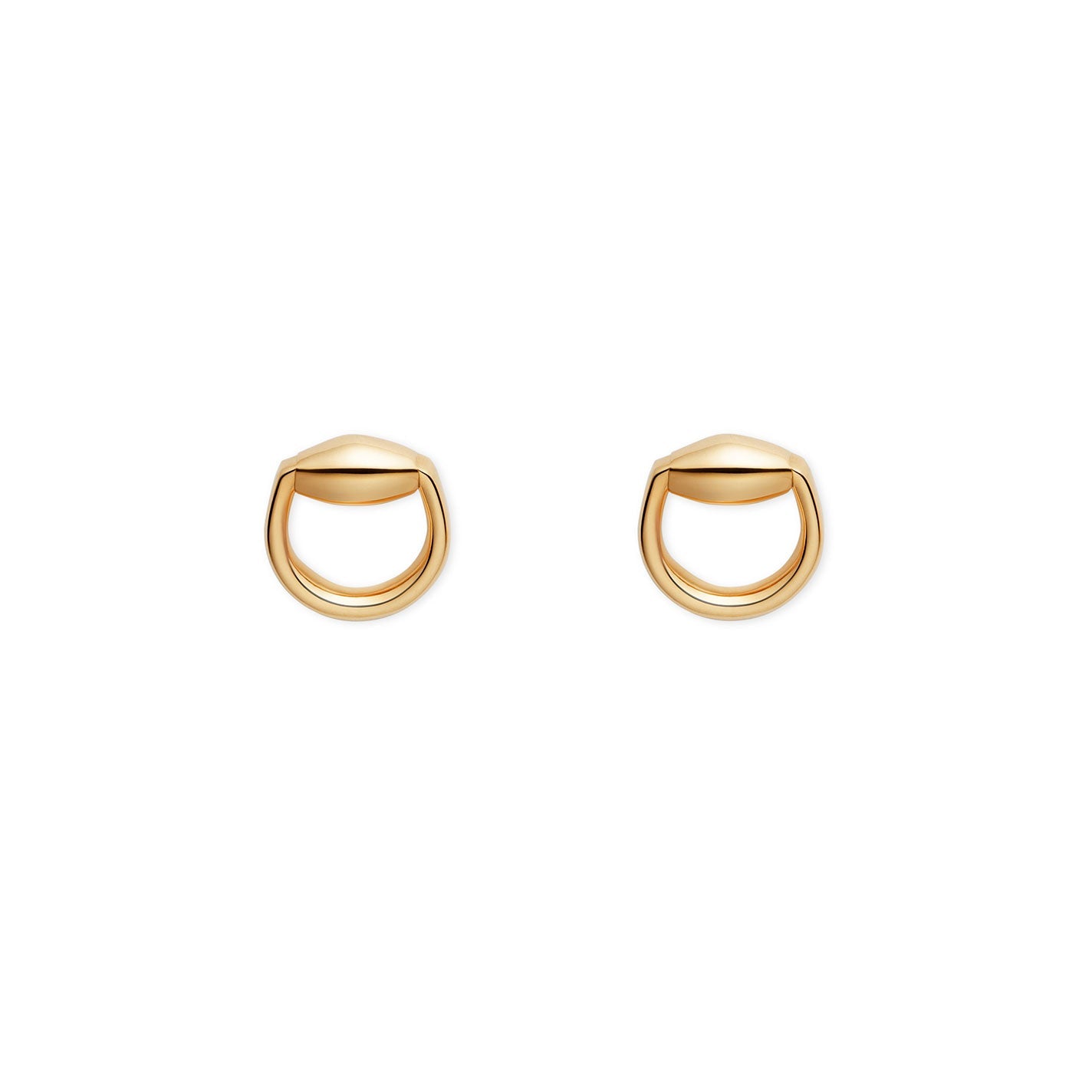 The Gucci Horsebit 18K Yellow Gold Stud Earrings by GUCCI Fine Jewellery showcase an elegant, small circular design with an open-top shape that resembles a half-moon or smile, set against a white background.