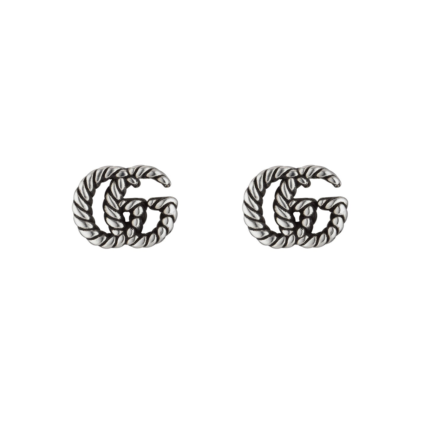 These Gucci Double G stud earrings, part of the GUCCI Fine Jewellery collection, are crafted from sterling silver and feature a woven rope-like texture. They are displayed against a plain white background.