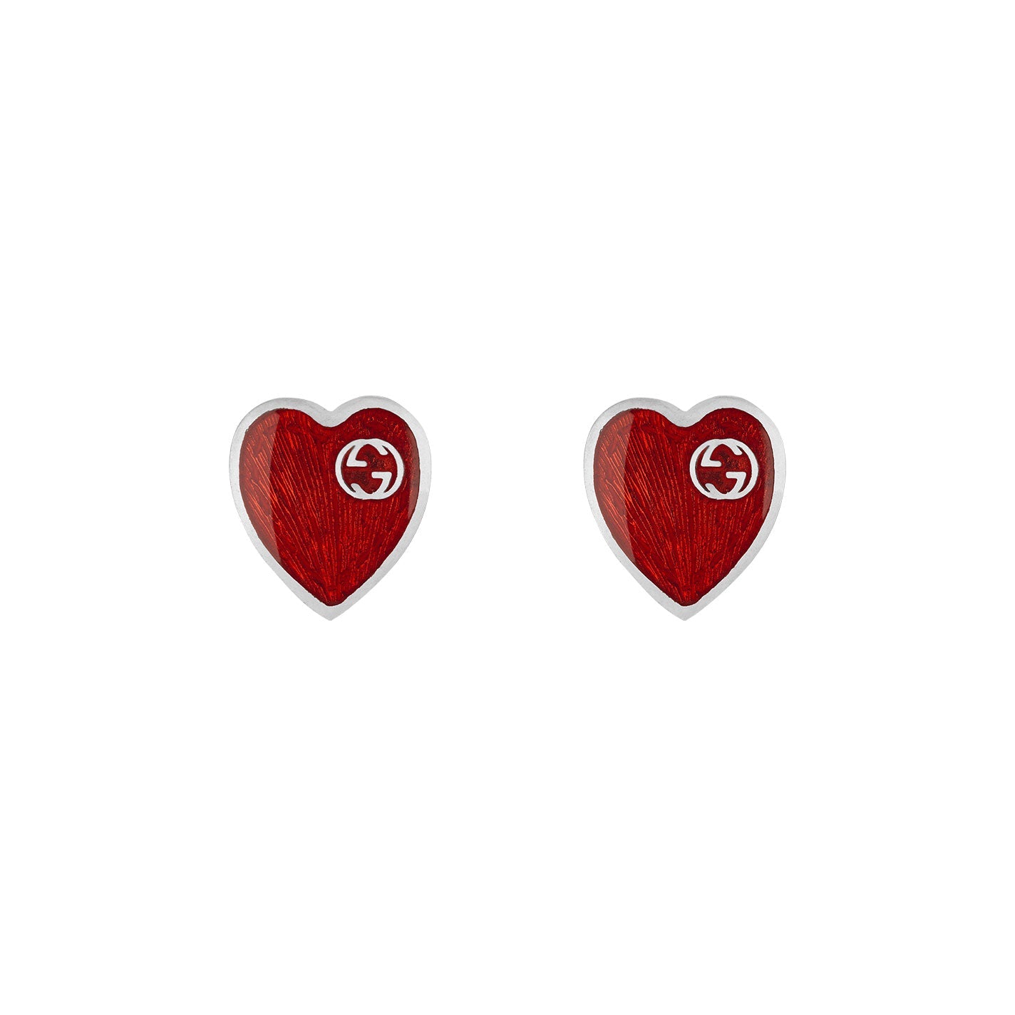 The Gucci Interlocking G Sterling Silver Stud Earrings from GUCCI Fine Jewellery feature a striking red enamel design accented with a faint white logo, elegantly outlined in textured 925 sterling silver.