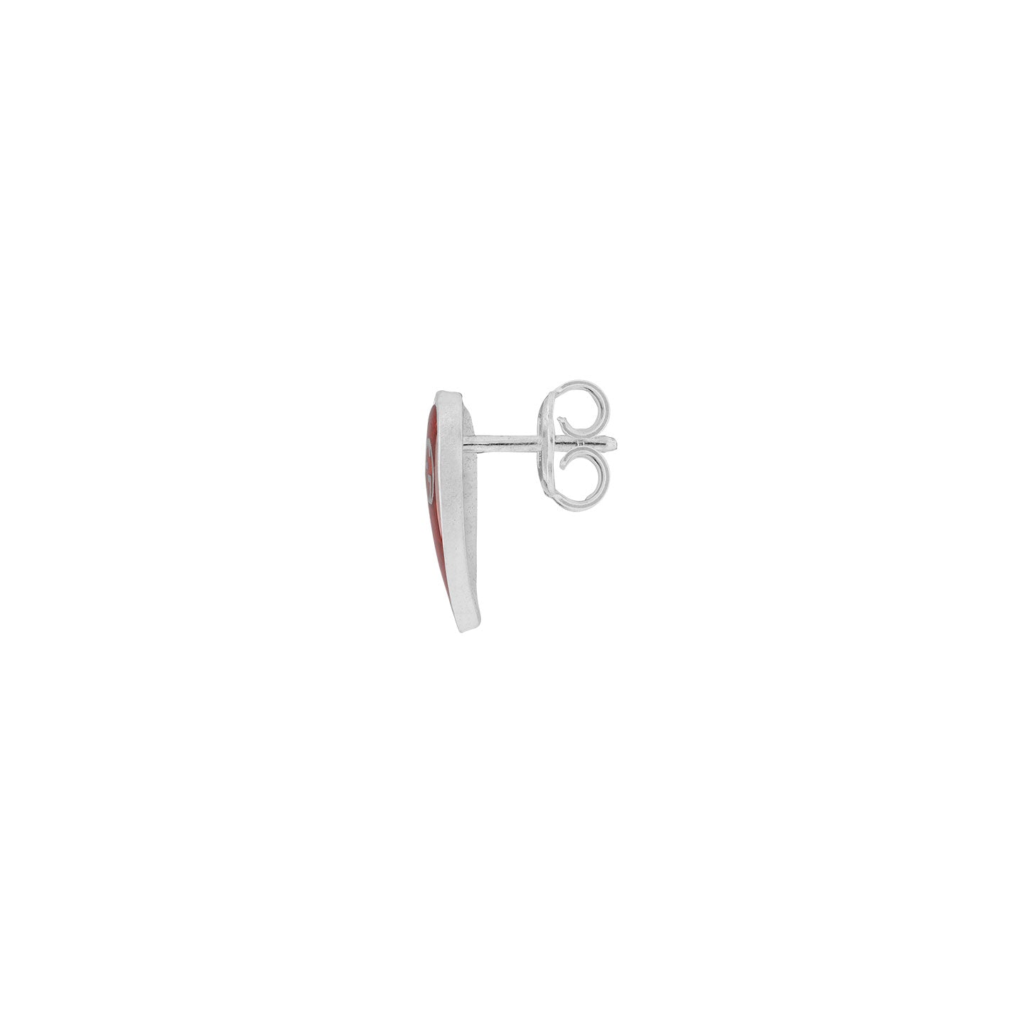 Side view of a Gucci Interlocking G Sterling Silver Stud Earring from GUCCI Fine Jewellery, showcasing a vibrant red enamel heart-shaped top. Made from 925 sterling silver, the earring features a minimalistic and sleek design with a butterfly back closure.