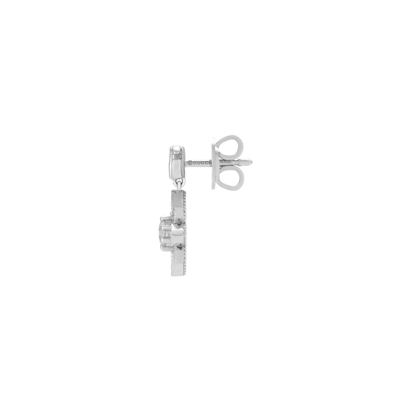 Side view of a single stud earring from GUCCI Fine Jewellery, showcasing a decorative circular pattern adorned with multiple small diamonds. This elegant and minimalist piece exudes subtle luxury, crafted in 18K white gold and inspired by the Gucci Flora design. The earring is secured with a butterfly back clasp.