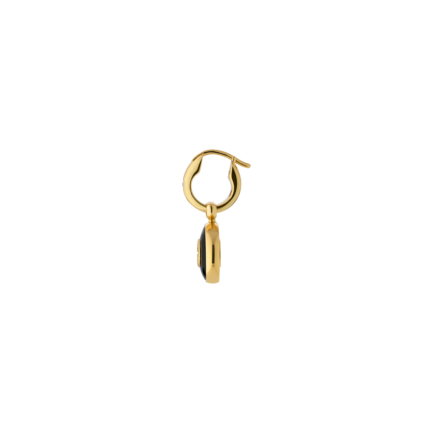 Styled against a plain white background, the Gucci Interlocking G 18K Yellow Gold and Black Onyx Hoop Earrings by GUCCI Fine Jewellery feature sleek hoops with a delicate charm that elegantly hangs, showcasing the brand's iconic design.