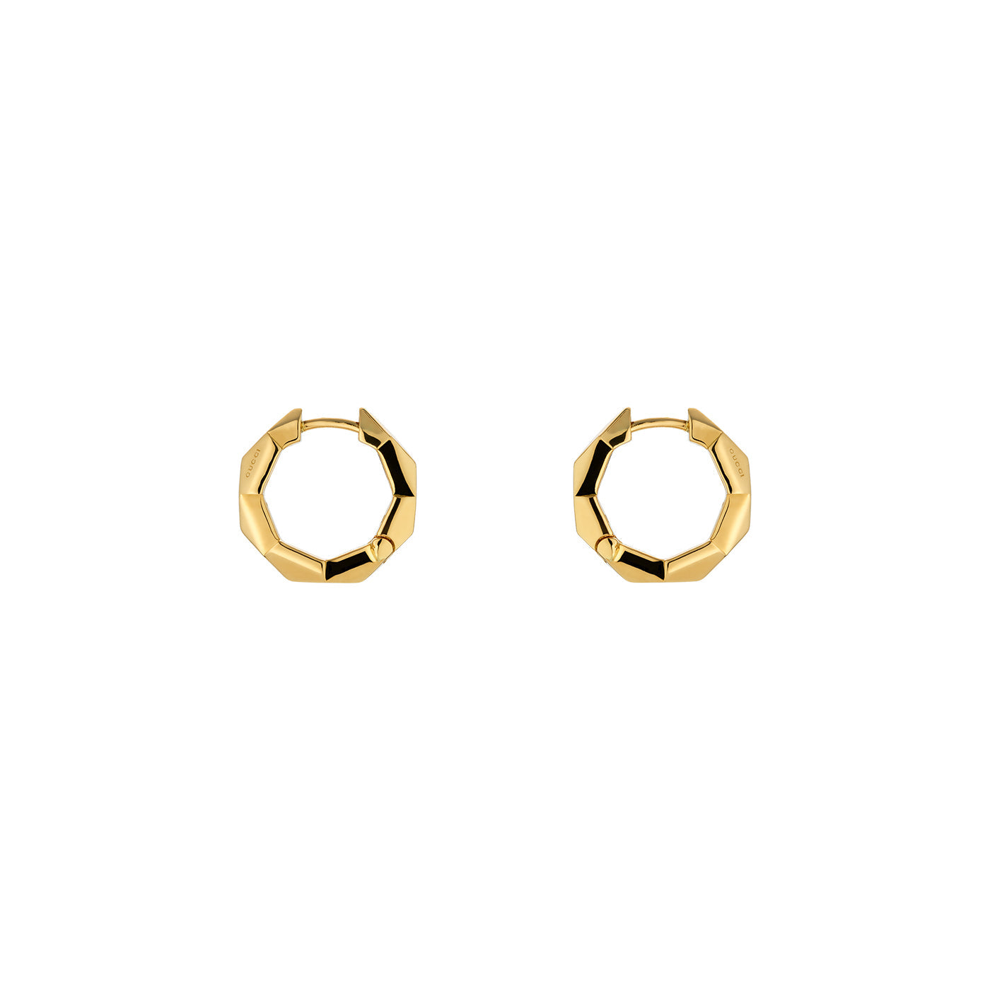 A pair of Gucci Link To Love 18K Yellow Gold Studded Hoop Earrings with a geometric, faceted design from GUCCI Fine Jewellery, displayed against a plain white background.