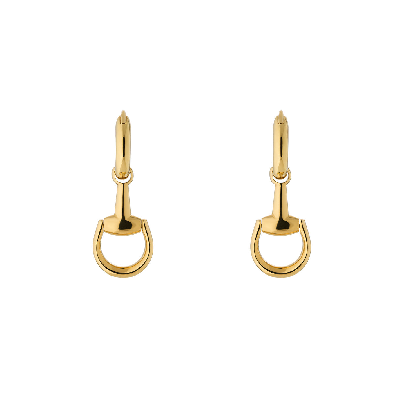 The Gucci Horsebit 18K Yellow Gold Earrings from GUCCI Fine Jewellery feature a sleek, minimalist design with a small loop hanging from a curved bar. Reminiscent of classic horsebit jewelry, these elegant earrings are beautifully presented against a plain white background.