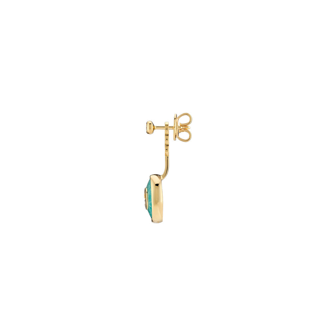 A side view of a Gucci Interlocking 18K Yellow Gold Drop Earring with an amazonite stone shows a butterfly back fastening. Displayed against a white background, it reflects elegance and quality as endorsed by the Responsible Jewelry Council.