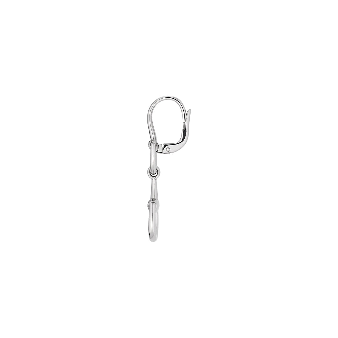 A single Gucci Horsebit 18K white gold diamond drop earring by GUCCI Fine Jewellery with a lever-back clasp and dangling circular hoop, displayed on a plain white background.