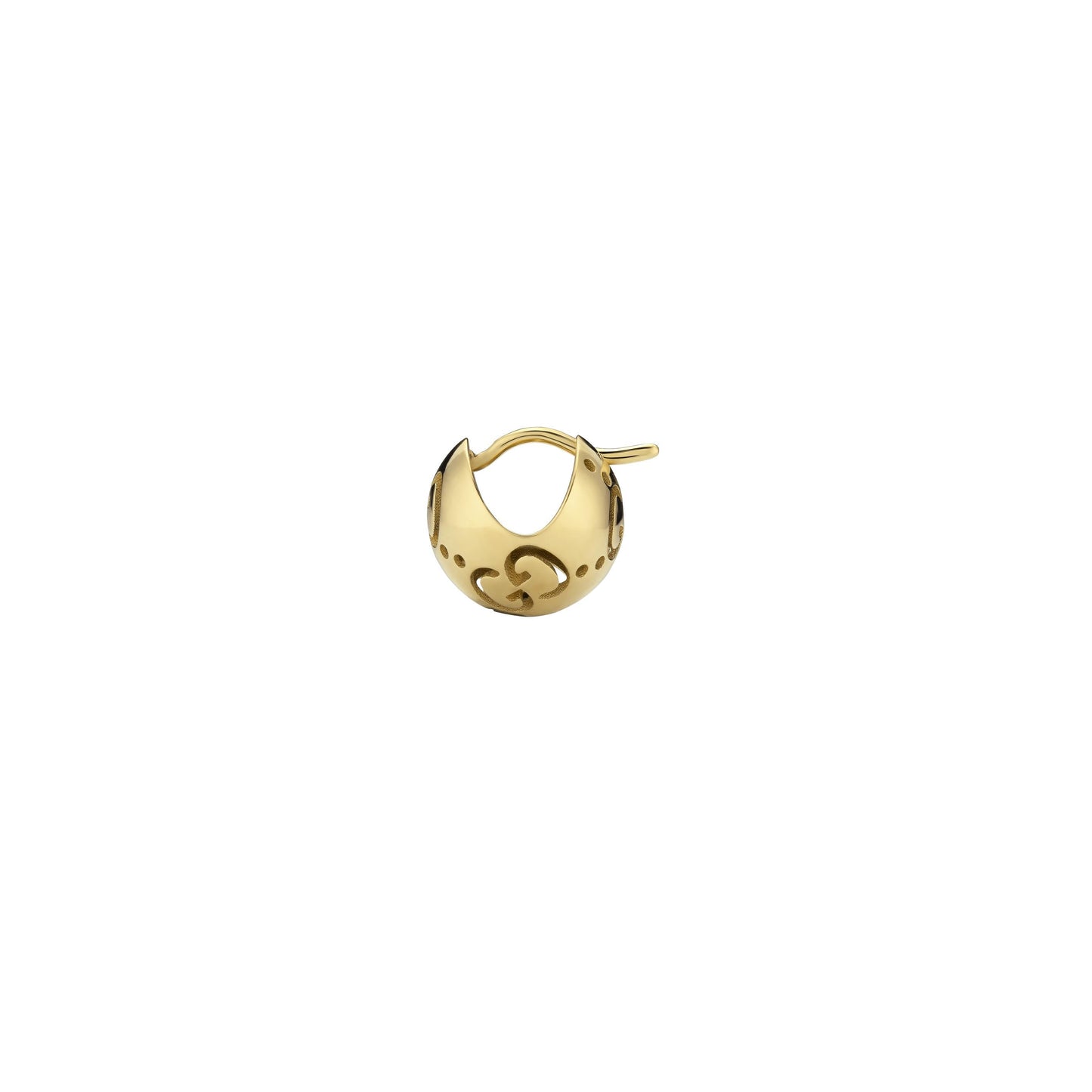 The Gucci Icon Boule 18K Yellow Gold Stud Earring by GUCCI Fine Jewellery features a wide base with small circular cutouts and engraved detailing, available in 12mm open sizes and shown isolated on a white background.