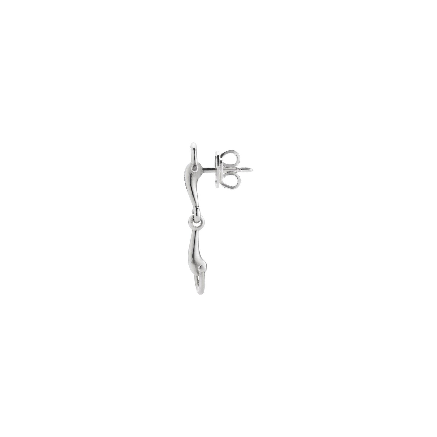 The Gucci Staffa Sterling Silver Stud Earring by GUCCI Fine Jewellery features an articulated human leg design with joint movement, shown in profile on a white background—a distinct piece of silver jewelry.