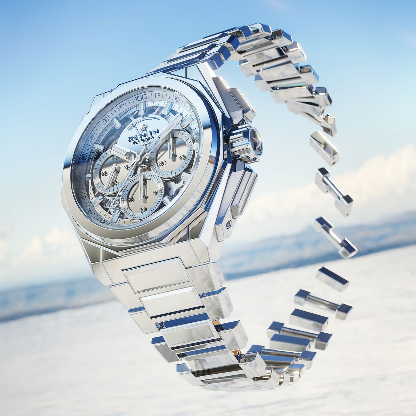 The ZENITH Defy Extreme Mirror Automatic Chronograph 45mm Watch by Zenith is a luxurious silver timepiece with a detailed El Primero chronograph face, featuring three sub-dials and an intricate mechanical design. This exquisite watch has a metal link band and is set against a serene sky and cloud background.