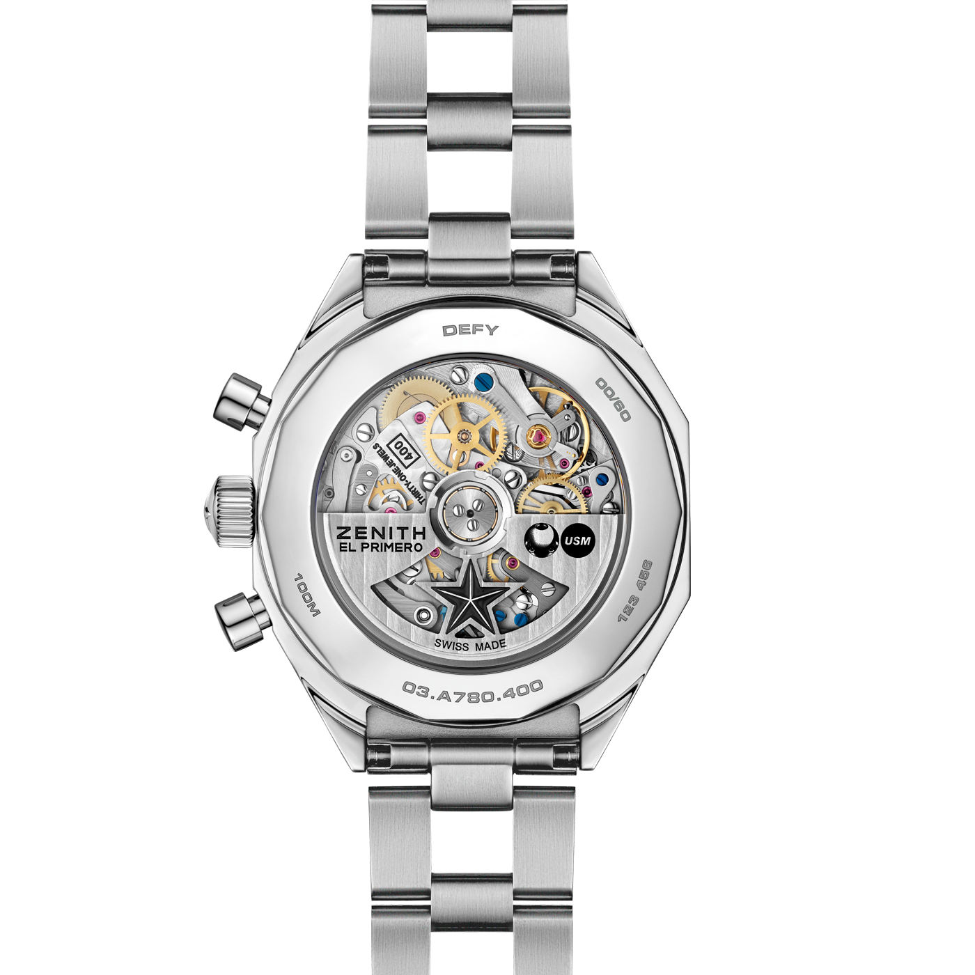 The back view of the Zenith Defy Chronograph USM - Genetian Blue displays its El Primero 400 calibre movement and labeled components via a transparent case back, highlighted by the stainless steel bracelet.