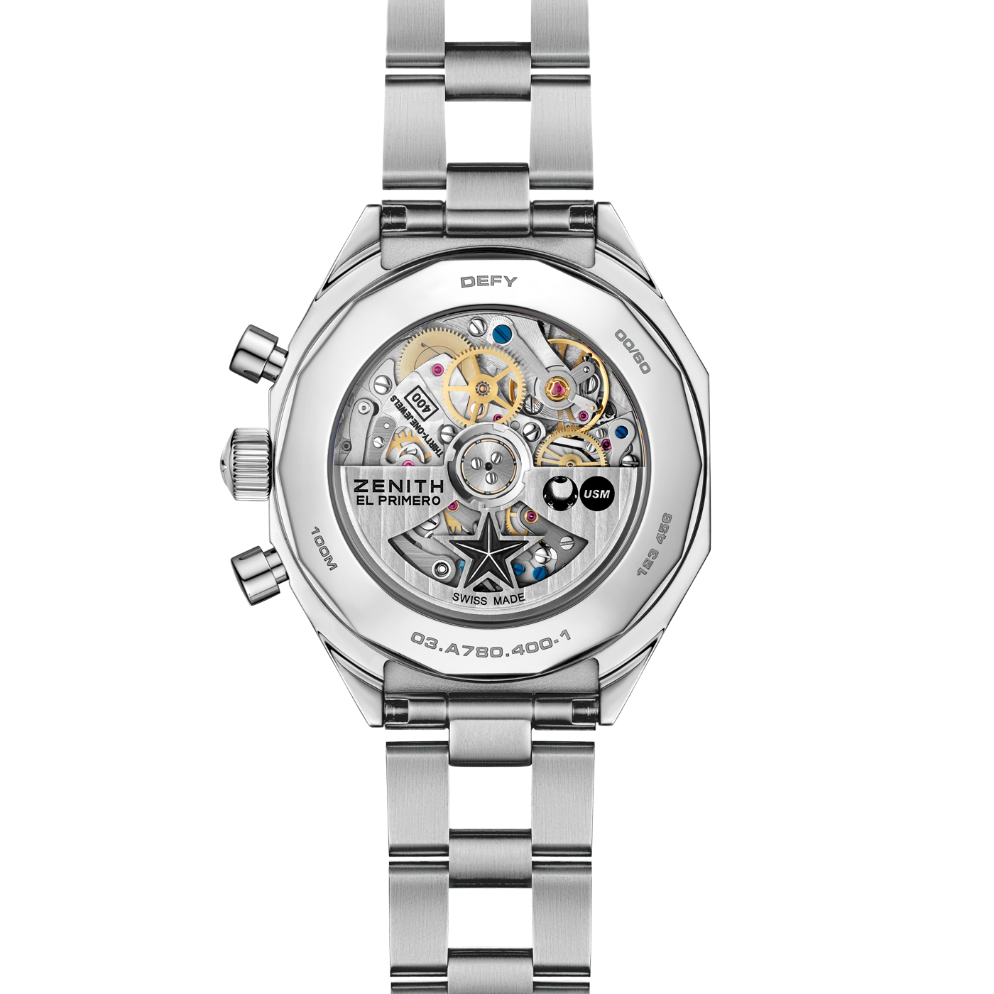 The Zenith Defy Chronograph USM - Golden Yellow is displayed from the back, showcasing its El Primero 400 movement and internal gears through a transparent case back, with the metal bracelet and engraved details visible.