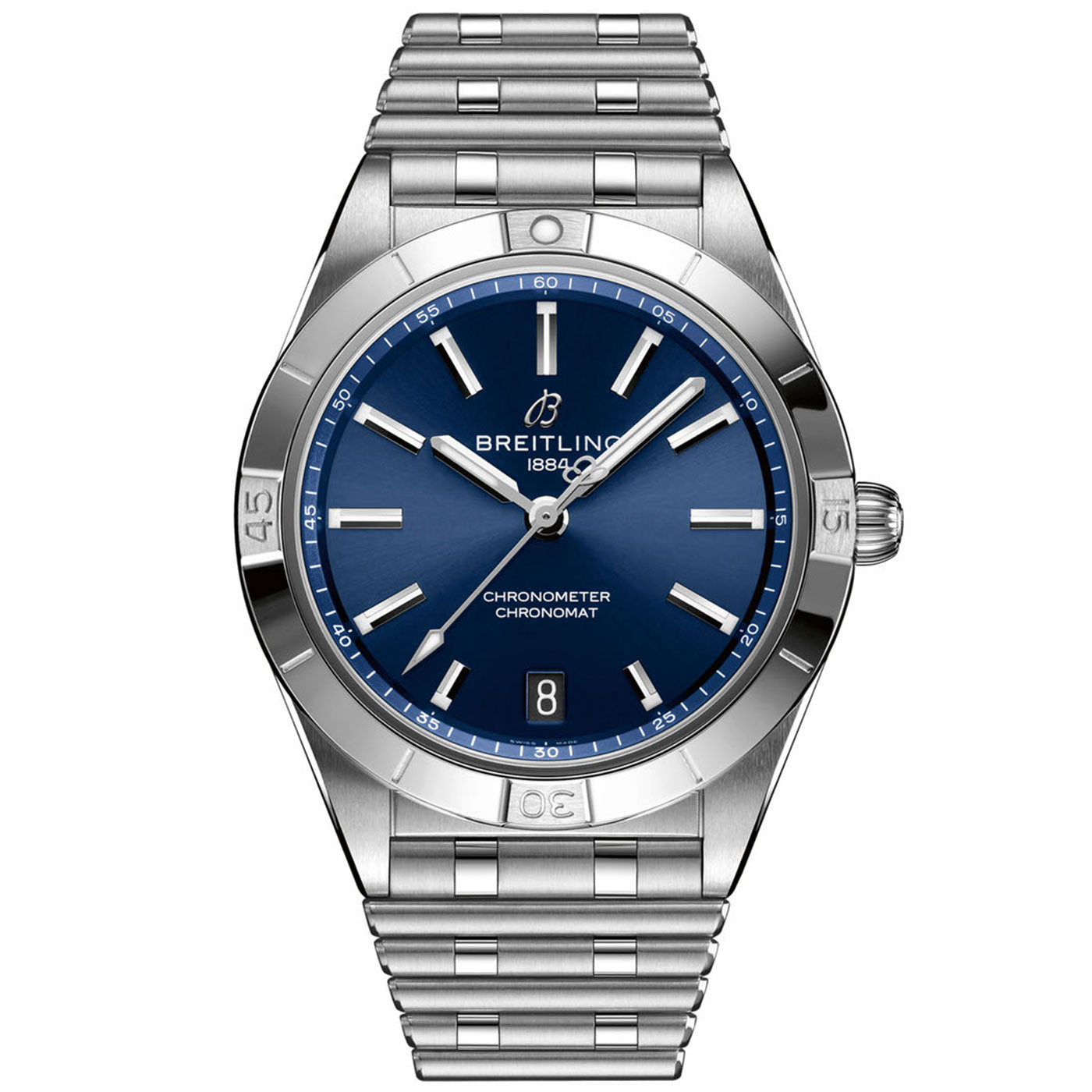 The BREITLING Chronomat Automatic 36 is a stainless steel watch by Breitling with a blue dial, silver hour markers, and a date window at the 6 o'clock position. It includes a polished bracelet with a deployment clasp and is powered by the Breitling Caliber 10. The logo is elegantly displayed beneath the 12 o'clock mark.