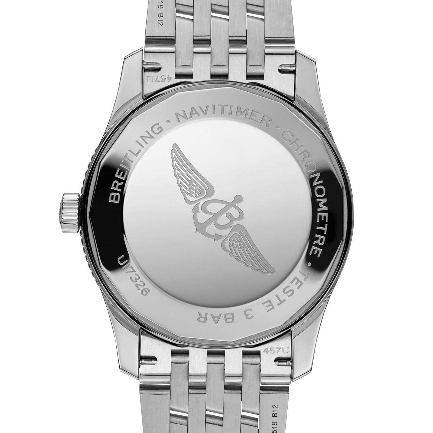 The image highlights the back of the BREITLING Navitimer Automatic 41 watch featuring a metallic bracelet. It includes an engraved wings logo with the brand name, along with model details, and boasts a COSC-certified chronometer powered by Breitling Caliber 17.