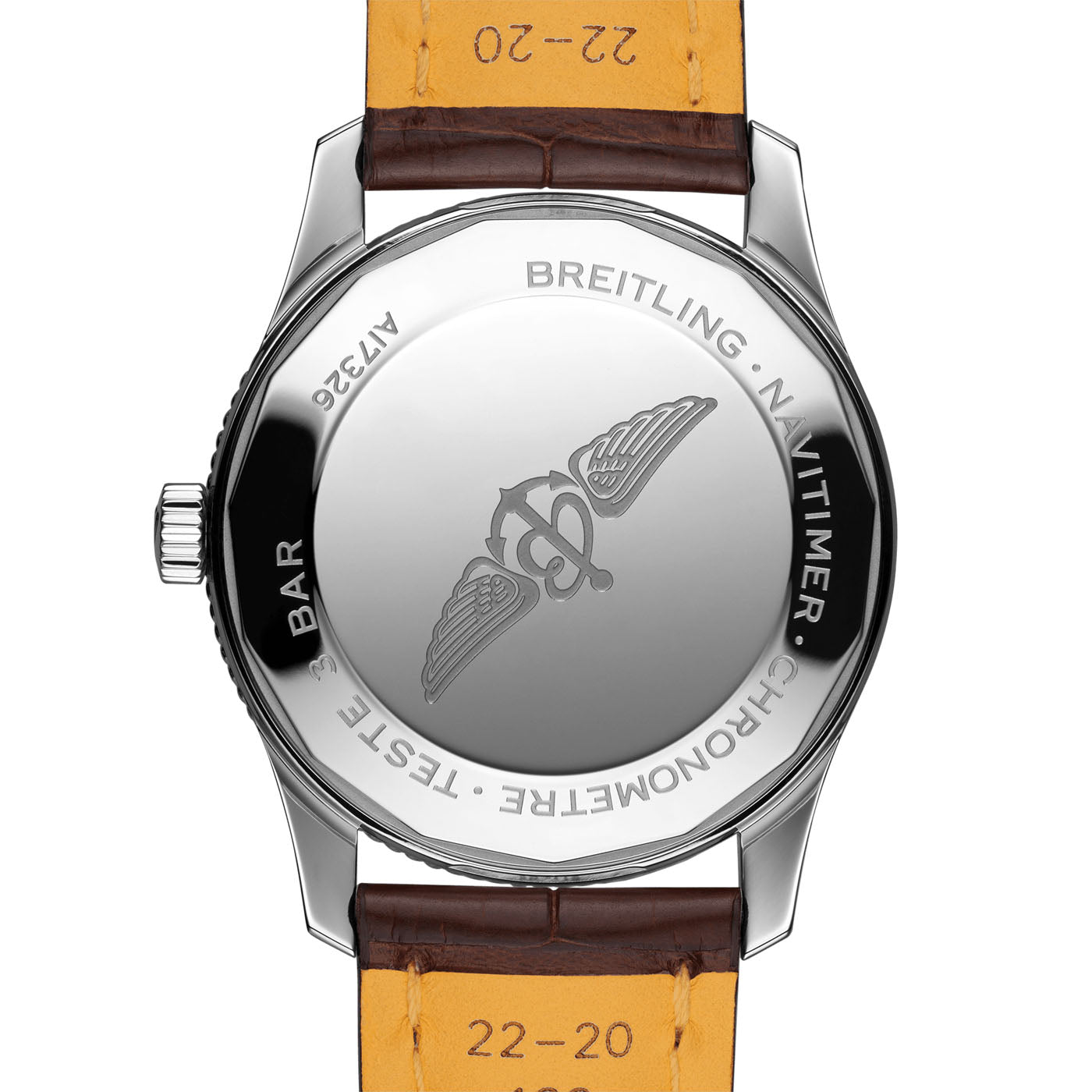 The image shows the back of a silver BREITLING Navitimer Automatic 41 watch case featuring intricate model details. It includes a brown leather strap embossed with "22-20." This timepiece is powered by the Breitling Caliber 17 and is certified as a COSC chronometer.