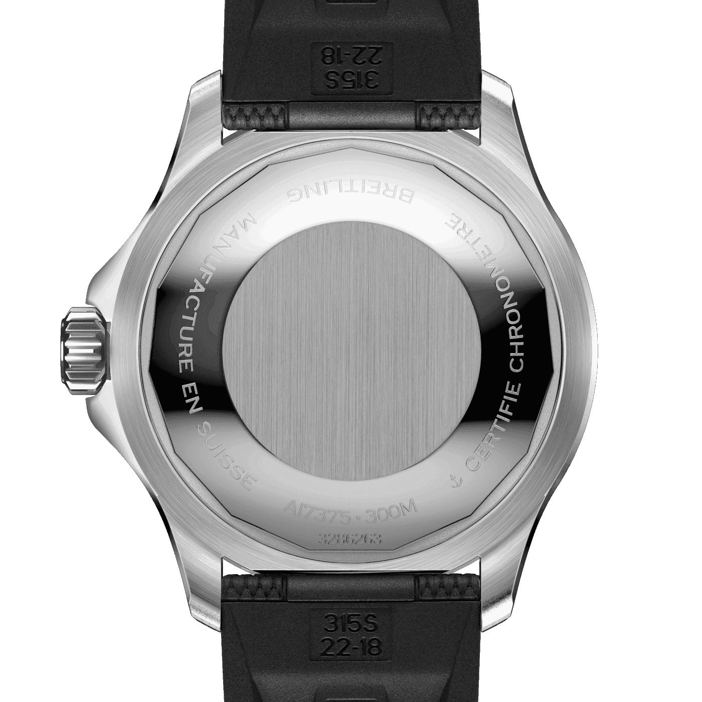 The image shows the back of the BREITLING Superocean Automatic 42 dive watch, featuring a stainless steel case with engraved text around the edge including "BREITLING" and "MANUFACTURE EN SUISSE." It is water-resistant and comes with an attached black strap.