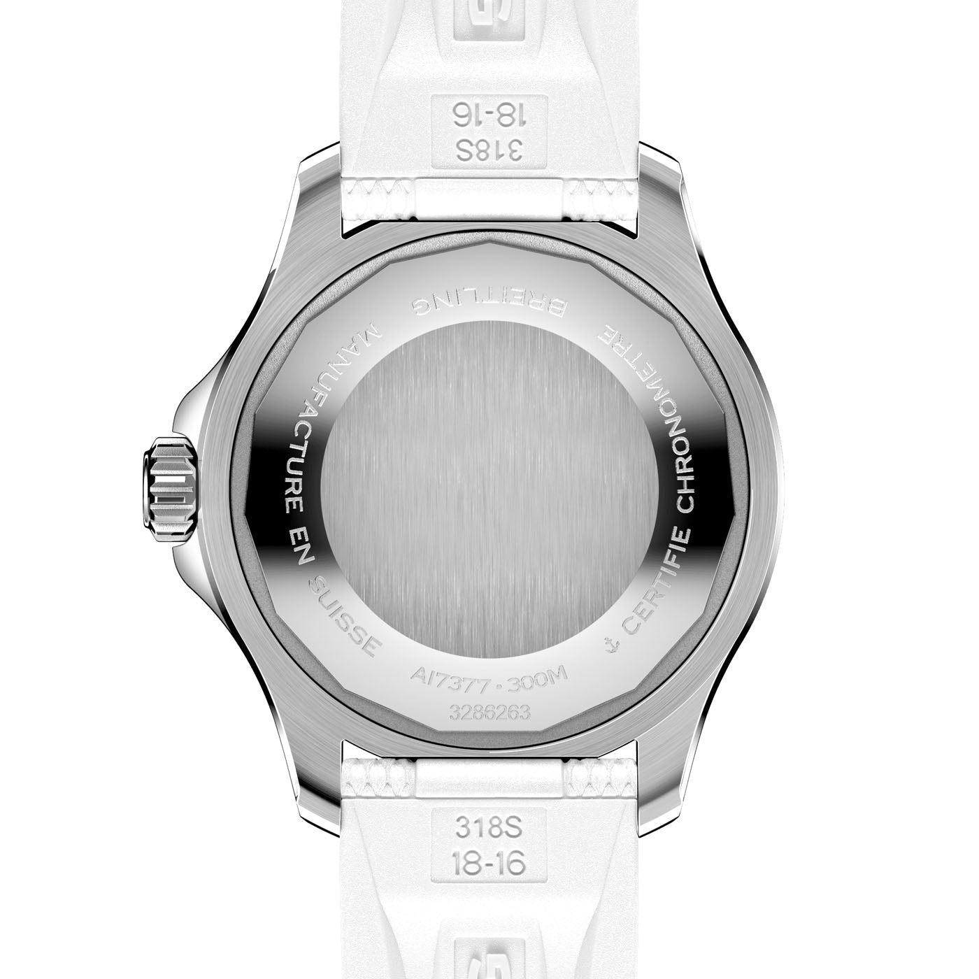 The image showcases the back of the BREITLING Superocean Automatic 36, a luxury dive watch by Breitling, featuring a stainless steel casing and a white strap. It provides details about the watch's materials and certification. The close-up underscores the craftsmanship of this timepiece, highlighting luminescent indexes for improved visibility.