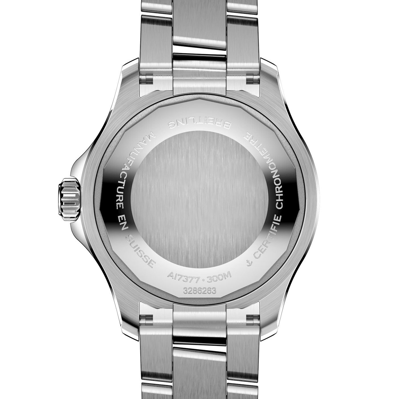 A close-up image showcases the back of the BREITLING Superocean Automatic 36 dive watch by Breitling, highlighting engraved text around its edge. This stainless steel timepiece features a brushed metal finish and water-resistant capability, with bracelet links visible as they reflect light on their polished surfaces.