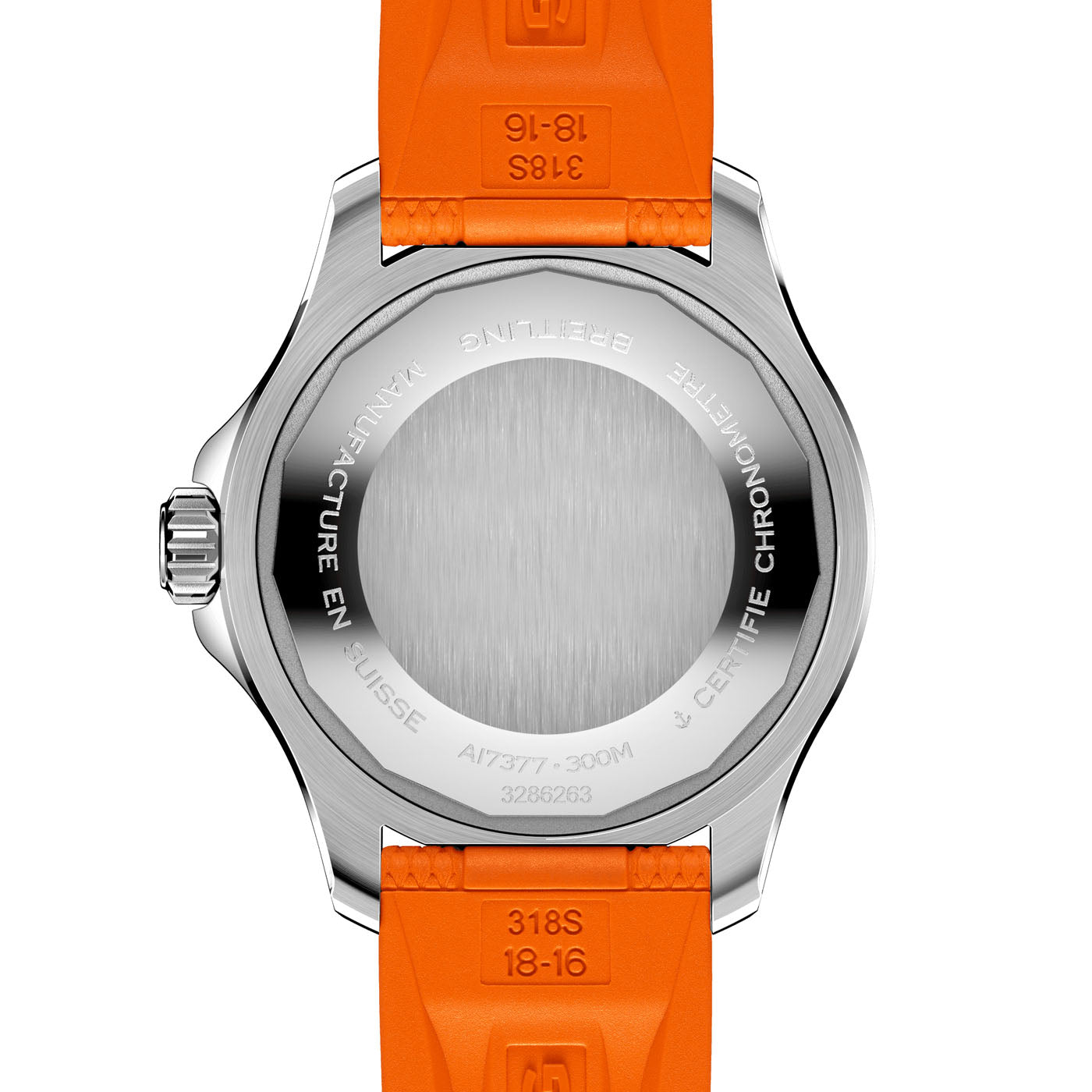 The image displays the back of a BREITLING Superocean Automatic 36 dive watch by Breitling, featuring a stainless steel case and an orange rubber strap. The engraved text highlights features such as luminescent indexes, water resistance, and certification.