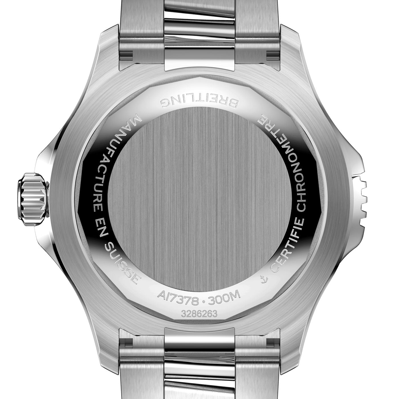 The image features the back of a Breitling stainless steel dive watch, the BREITLING Superocean Automatic 46. The bezel displays the text "MANUFACTURE EN SUISSE," "CERTIFIE CHRONOMETRE," and "300M." This watch, complete with a sleek silver metal bracelet, is water-resistant and ideal for adventurers.