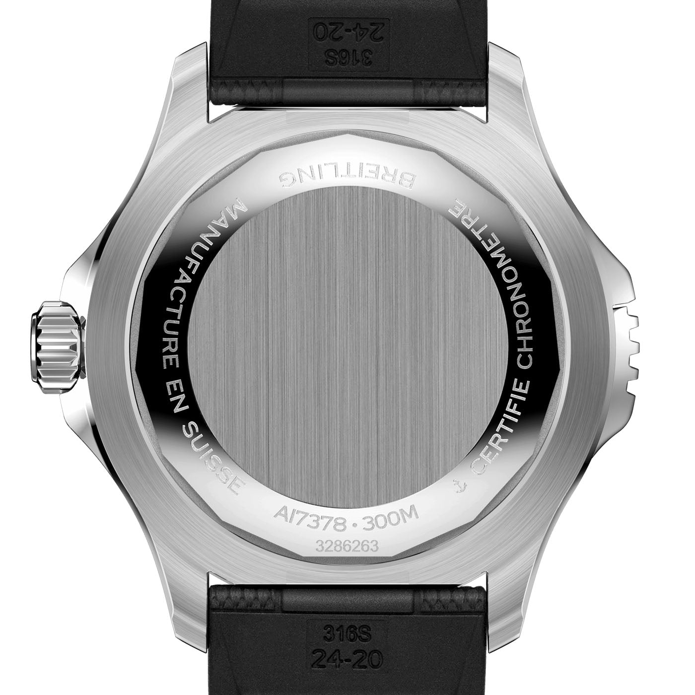 The image showcases a detailed view of the back of a BREITLING Superocean Automatic 46 wristwatch. The stainless steel case is engraved with "BREITLING," "MANUFACTURE EN SUISSE," and "CERTIFIE CHRONOMETRE." This dive watch features a black strap and luminescent indexes to enhance visibility underwater.