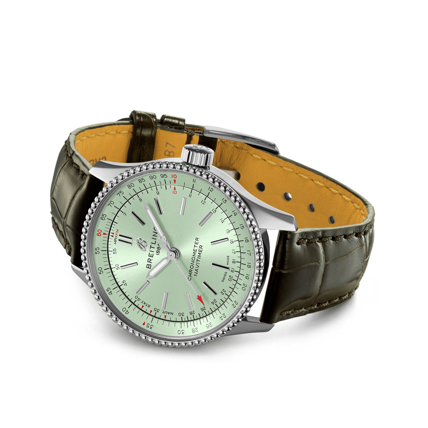Introducing the Certified Pre-Owned BREITLING Navitimer Automatic 35, a sophisticated timepiece from Breitling featuring a striking green dial, polished silver casing, and an olive green leather strap. This luxury watch boasts a detailed face with precise markings and bold red accents, capturing the timeless elegance of the Navitimer Automatic 35.