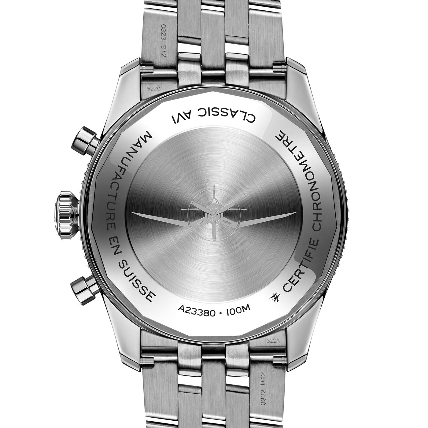 The image shows the back of a stainless steel wristwatch with a circular design, displaying the words "CLASSIC AVI," "Vought F4U Corsair," "MANUFACTURE EN SUISSE," and "CERTIFIE CHRONOMETRE." It includes a model number and water resistance details, illustrating its Breitling heritage as part of the BREITLING Classic AVI Chronograph 42 Tribute to Vought F4U Corsair.