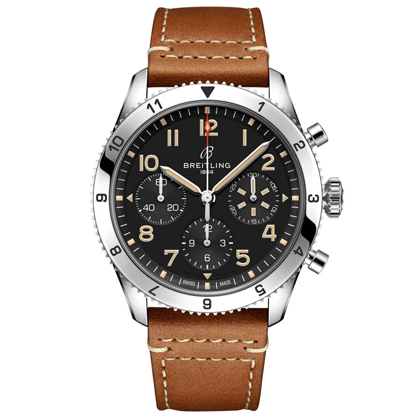 The BREITLING Classic AVI Chronograph 42 P-51 Mustang celebrates the spirit of the iconic aircraft, showcasing a black dial with three sub-dials and a date window. Its stainless steel case pairs elegantly with a brown leather strap adorned with stitching. The silver hour markers and hands are highlighted by a distinctive 12 o'clock marker, harmonizing beautifully with the watch's design.