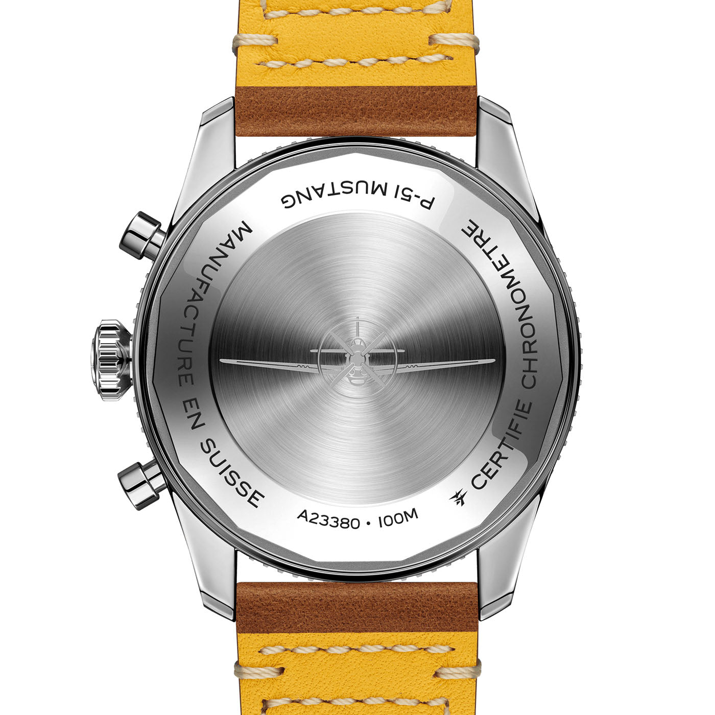 Close-up of the stainless steel back of the BREITLING Classic AVI Chronograph 42 P-51 Mustang watch, engraved with "MANUFACTURE EN SUISSE" and "CERTIFIE CHRONOMETRE." This timepiece by Breitling echoes the spirit of the P-51 Mustang, featuring a pilot's watch design with a yellow leather strap and sleek stainless steel casing.