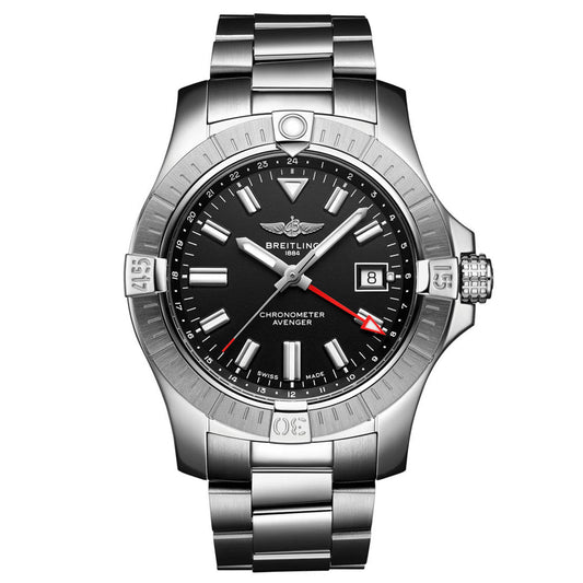 The BREITLING Avenger Automatic GMT 43 watch, crafted from stainless steel, showcases a sleek black dial paired with silver hour markers and hands. It boasts shock-resistant durability, features a date display at the 3 o'clock position, and includes minute markings on the bezel. The timepiece comes with a metal bracelet and offers functionality for tracking a second time zone.