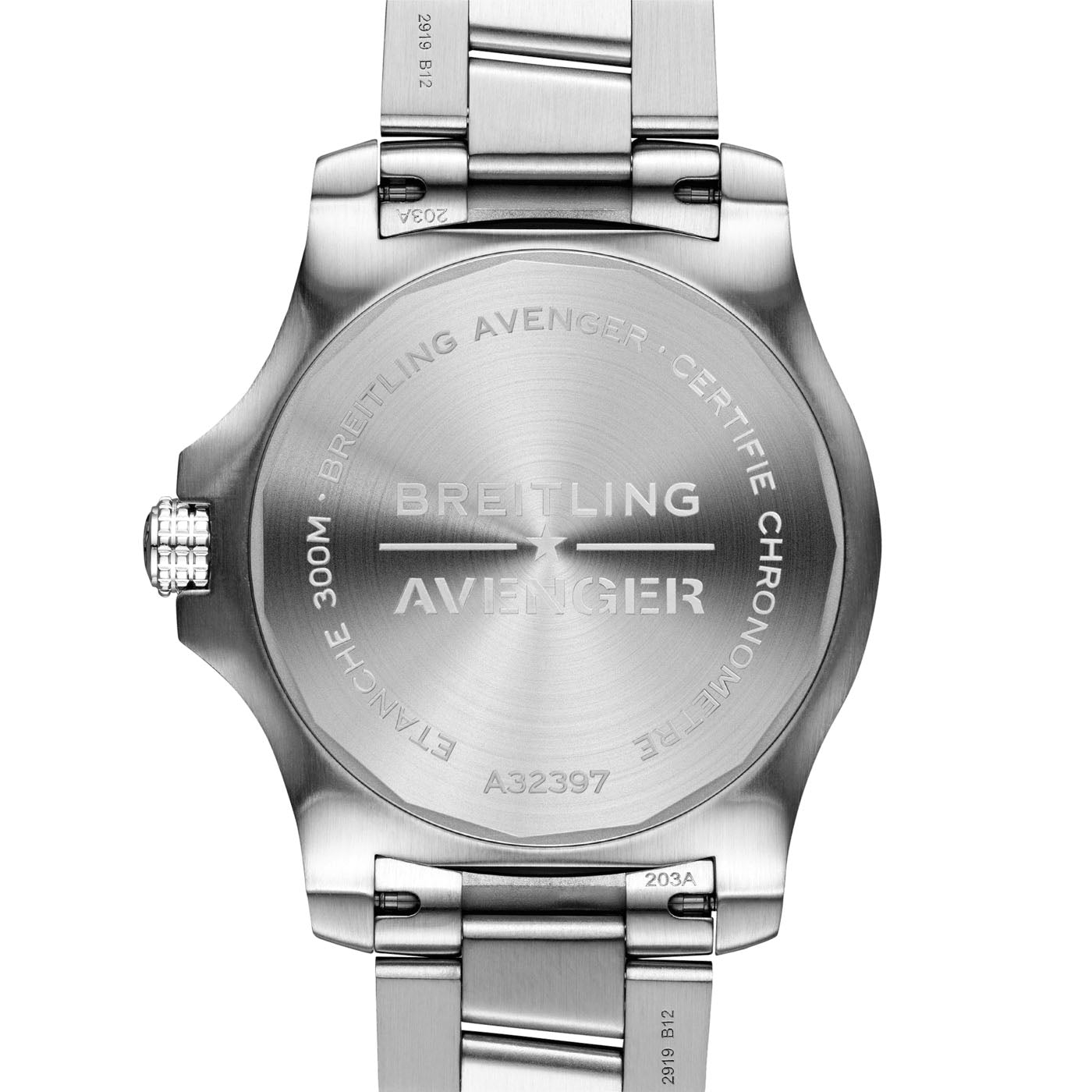 Back view of the BREITLING Avenger Automatic GMT 43 in stainless steel, highlighting engraved details. The words "Breitling," "Avenger," "Chronometer," and "Etanche 300M" are clearly visible, along with the model number "A32397." This timepiece boasts a shock-resistant construction and comes with a linked metal strap.