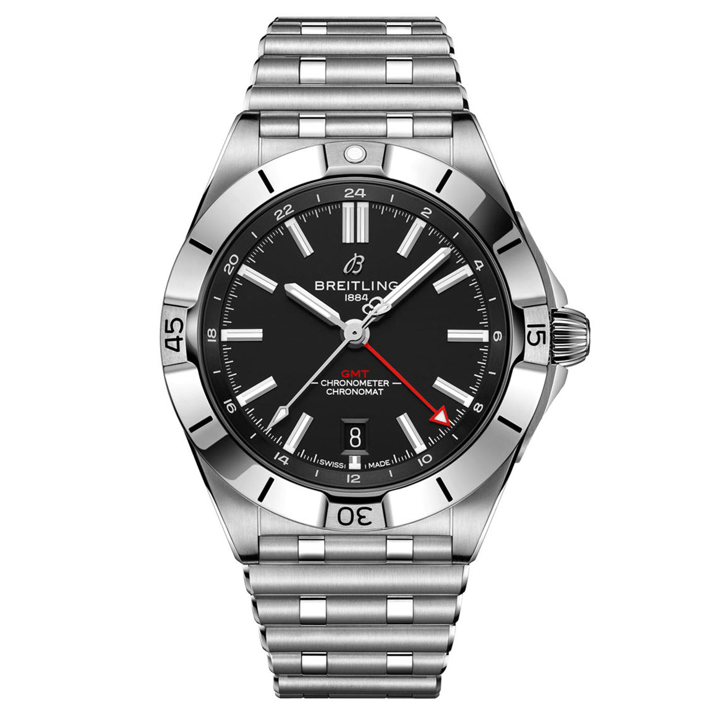 The BREITLING Chronomat Automatic GMT 40 watch by Breitling is crafted from stainless steel and showcases a black dial with a prominent red GMT hand. It is powered by the highly accurate Breitling Caliber 32 movement and features luminescent hour markers along with a date display at the 6 o'clock position. Additionally, its engraved bezel allows for effortless dual time zone tracking.