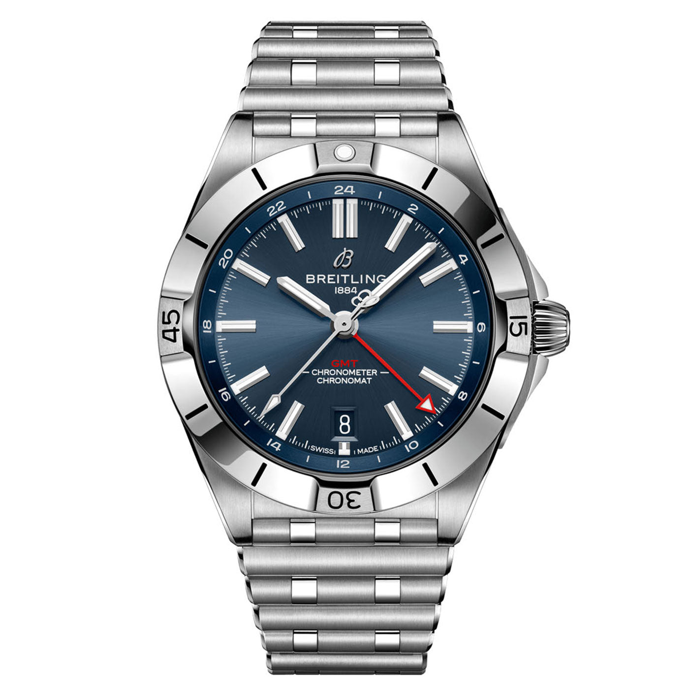 The BREITLING Chronomat Automatic GMT 40 is an exceptional watch crafted from stainless steel, boasting a blue dial with silver hour markers. It features water resistance up to 200 meters, includes three hands, a date display at the 6 o'clock position, and a unidirectional bezel. The polished metal strap offers a sleek, linked design.