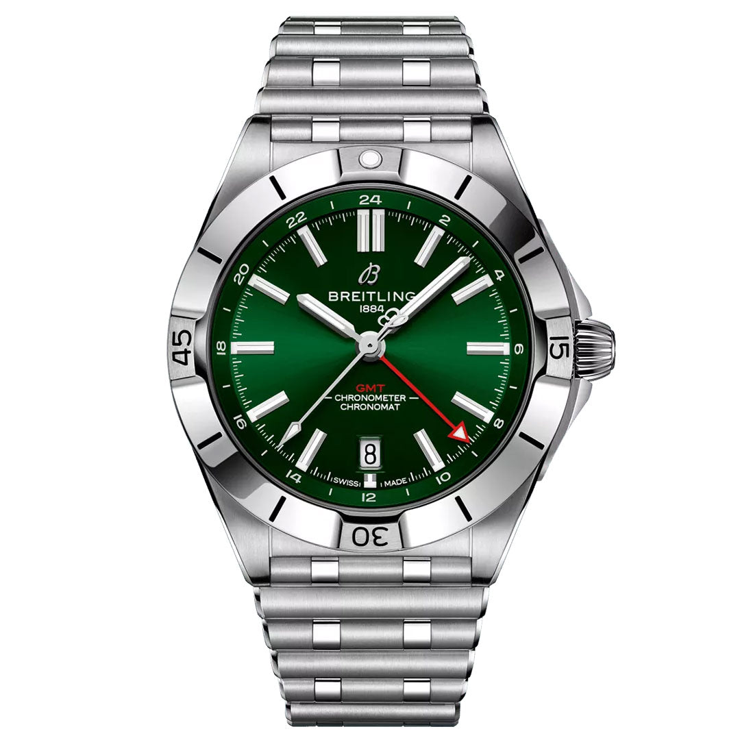 A BREITLING Chronomat Automatic GMT 40 watch by Breitling in silver, adorned with a polished metal strap and a green dial. This timepiece features dual time zone functionality, white hour markers, a date window, and red accents on the GMT hand. The bezel is designed with numeral indicators at intervals.