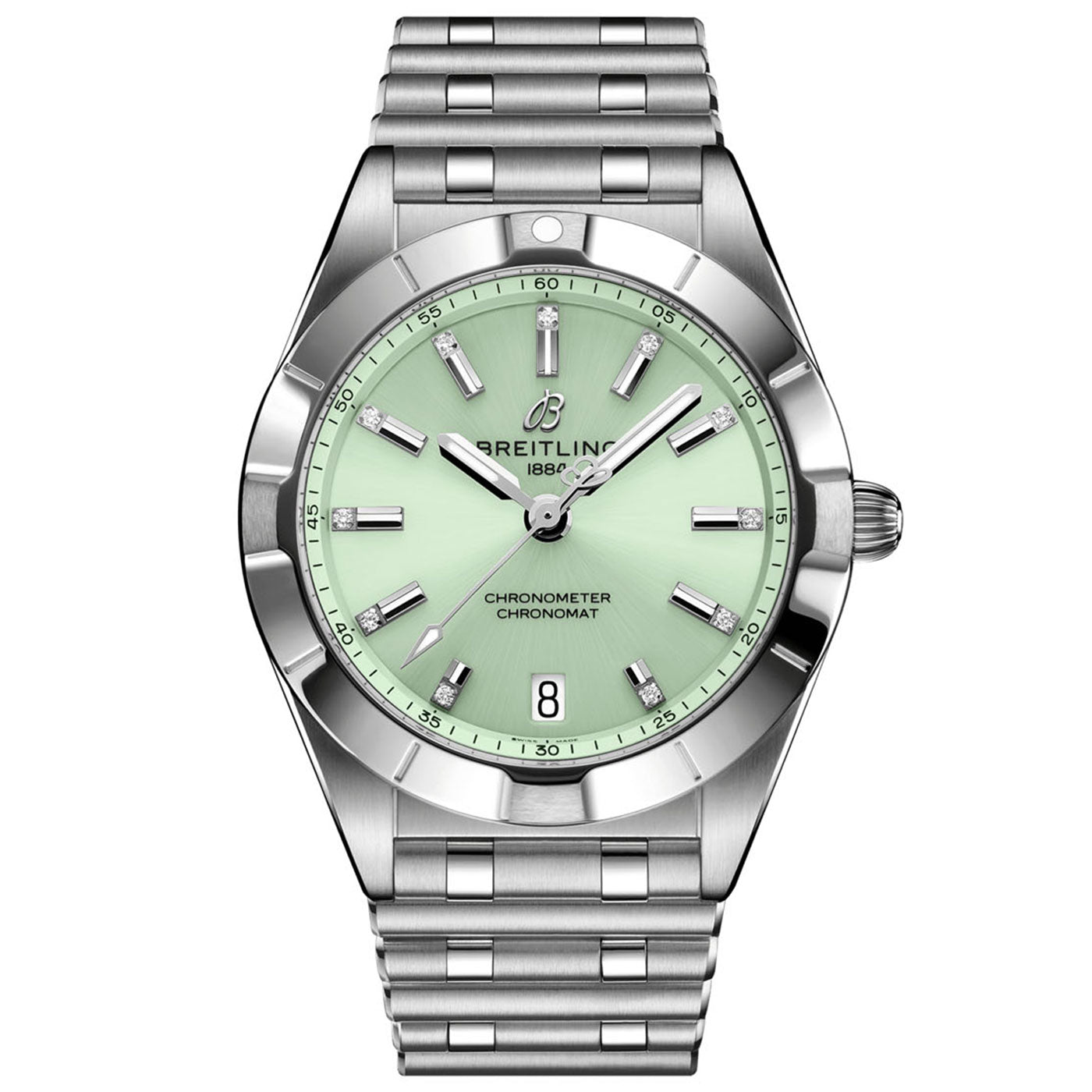 The BREITLING Chronomat 32 by Breitling features a striking mint green dial complemented by rectangular hour markers and a date window positioned at 6 o'clock. Its precision is guaranteed by the SuperQuartz™ chronometer, and it comes with a stainless steel link bracelet and luminous hands for a stylish look and easy readability.